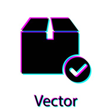 Beyaz arka planda yalıtılmış onay işareti simgesine sahip Siyah Paket kutusu. Onay damgalı paket kutusu. Onaylı teslimat veya başarılı paket makbuzu. Vektör İllüstrasyonu