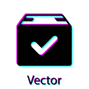 Beyaz arka planda yalıtılmış onay işareti simgesine sahip Siyah Paket kutusu. Onay damgalı paket kutusu. Onaylı teslimat veya başarılı paket makbuzu. Vektör İllüstrasyonu