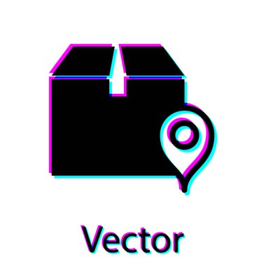 Beyaz arka planda yalıtılmış karton kutu simgesi ile Siyah Konum. Teslimat hizmetleri, lojistik ve nakliye, tehcir, dağıtım. Vektör İllüstrasyonu