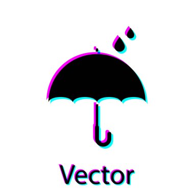 Siyah Şemsiye ve yağmur beyaz arka plan üzerinde izole simgesi düşer. Su geçirmez simgesi. Koruma, güvenlik, güvenlik konsepti. Suya dayanıklı sembol. Vektör İllüstrasyonu