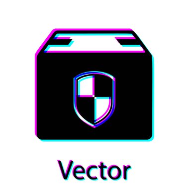 Siyah Teslimat paketi beyaz arka planda izole kalkan simgesi ile güvenlik sembolü. Teslimat sigortası. Kalkanın ötesindeki karton kutular sigortalı. Vektör İllüstrasyonu