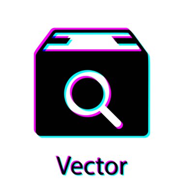 Beyaz arka planda yalıtılmış Siyah Arama paketi simgesi. Parsel izleme sembolü. Büyüteç ve karton kutu. Lojistik ve teslimat. Vektör İllüstrasyonu