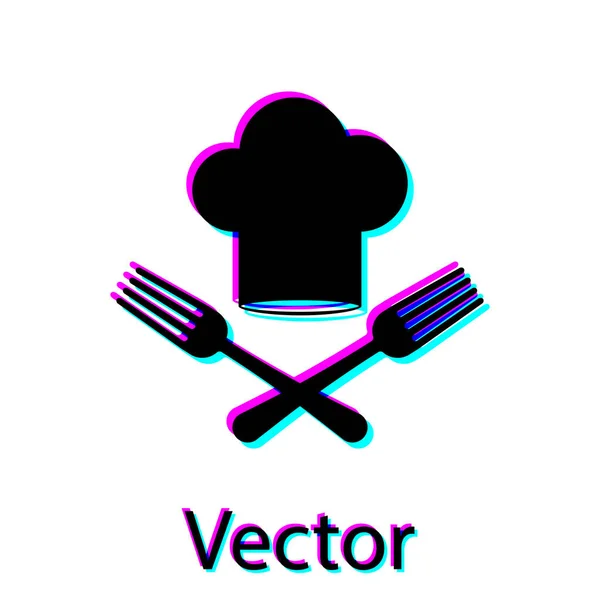 Schwarze Kochmütze und gekreuztes Gabelsymbol isoliert auf weißem Hintergrund. Kochsymbol. Restaurantkarte. Kochmütze. Vektorillustration — Stockvektor