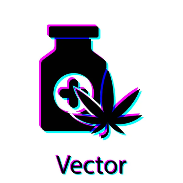 Flacon médical noir avec icône de marijuana ou de feuille de cannabis isolé sur fond blanc. Maquette d'extraits d'huile de cannabis dans des pots. Illustration vectorielle — Image vectorielle