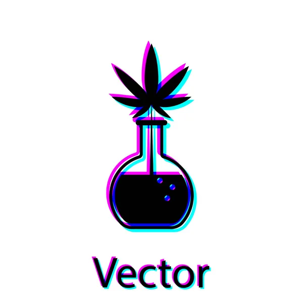 Schwarzes chemisches Reagenzglas mit Marihuana oder Cannabisblatt-Symbol auf weißem Hintergrund. Forschungskonzept. Labor cbd Öl-Konzept. Vektorillustration — Stockvektor
