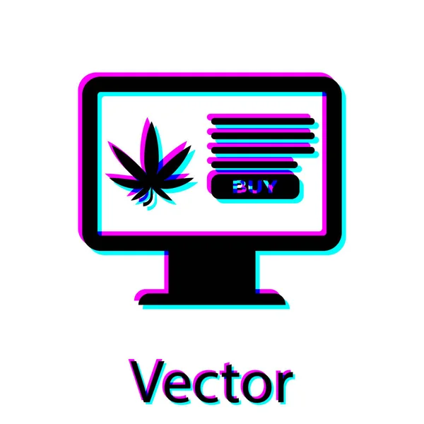 Monitor de computador preto e maconha medicinal ou ícone de folha de cannabis isolado no fundo branco. Símbolo de compra online. Cesta de supermercado. Ilustração vetorial — Vetor de Stock