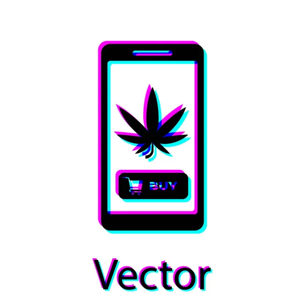 Telefone celular preto e maconha medicinal ou ícone de folha de cannabis isolado no fundo branco. Símbolo de compra online. Cesta de supermercado. Ilustração vetorial — Vetor de Stock
