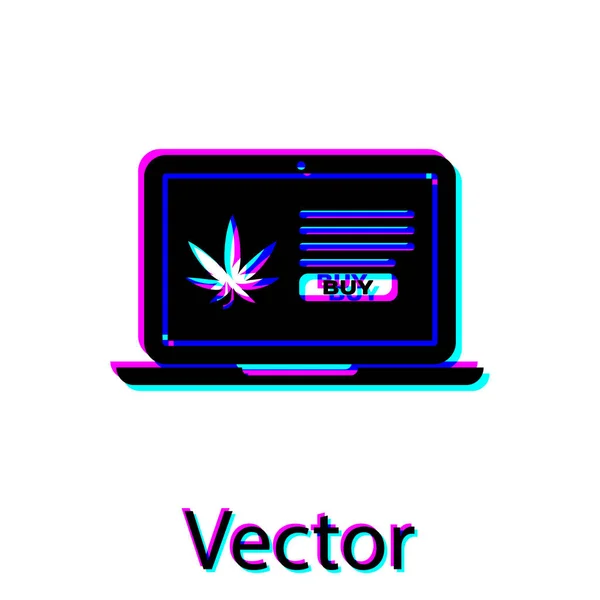 Laptop preto e maconha medicinal ou ícone de folha de cannabis isolado no fundo branco. Símbolo de compra online. Cesta de supermercado. Ilustração vetorial — Vetor de Stock
