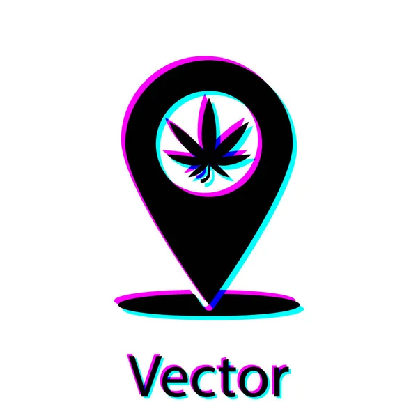 Puntero Mapa Negro e ícono de hoja de marihuana o cannabis aislado sobre fondo blanco. Un símbolo de cáñamo. Ilustración vectorial — Vector de stock