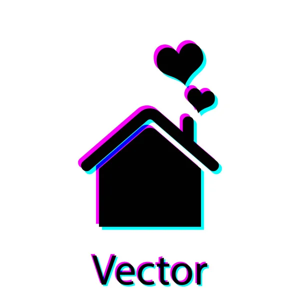 Black House com ícone de forma de coração isolado no fundo branco. Adoro o símbolo de casa. Família, bens imóveis e realeza. Ilustração vetorial — Vetor de Stock