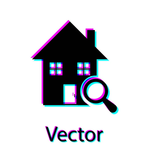 Icono de la casa Black Search aislado sobre fondo blanco. Símbolo inmobiliario de una casa bajo lupa. Ilustración vectorial — Vector de stock