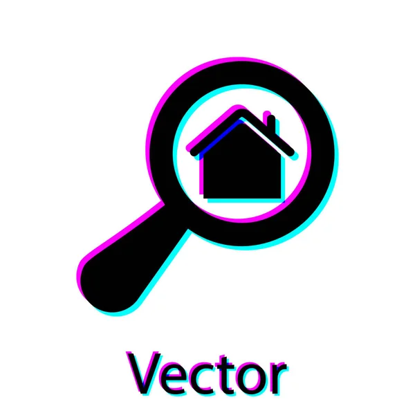Black Search ícone da casa isolado no fundo branco. Símbolo imobiliário de uma casa sob lupa. Ilustração vetorial — Vetor de Stock