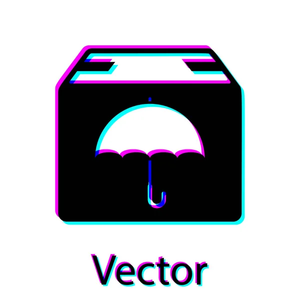 Pacote de entrega preto com ícone de símbolo de guarda-chuva isolado no fundo branco. Caixa de papelão pacote com sinal de guarda-chuva. Logística e entrega. Ilustração vetorial —  Vetores de Stock