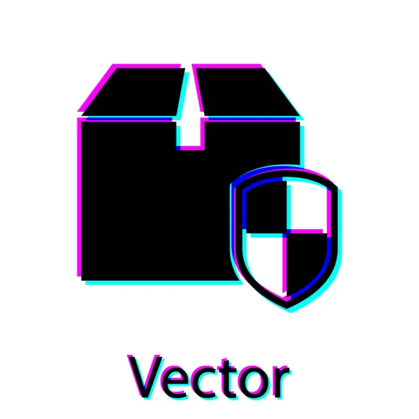 Schwarzes Sicherheitssymbol mit Schildsymbol isoliert auf weißem Hintergrund. Lieferversicherung. versicherten Kartons hinter dem Schild. Vektorillustration — Stockvektor
