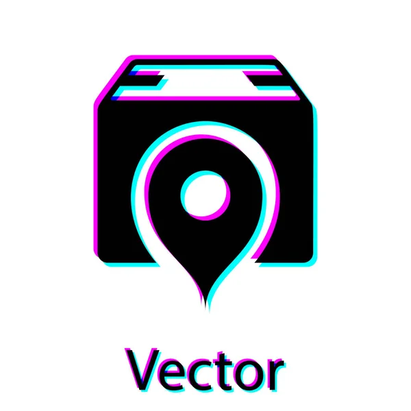 Ubicación negra con icono de caja de cartón aislado sobre fondo blanco. Servicios de entrega, logística y transporte, reubicación, distribución. Ilustración vectorial — Vector de stock