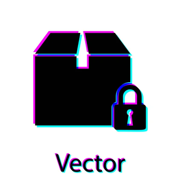 Ícone de pacote bloqueado preto isolado no fundo branco. Caixa de fechadura e papelão. Ilustração vetorial — Vetor de Stock