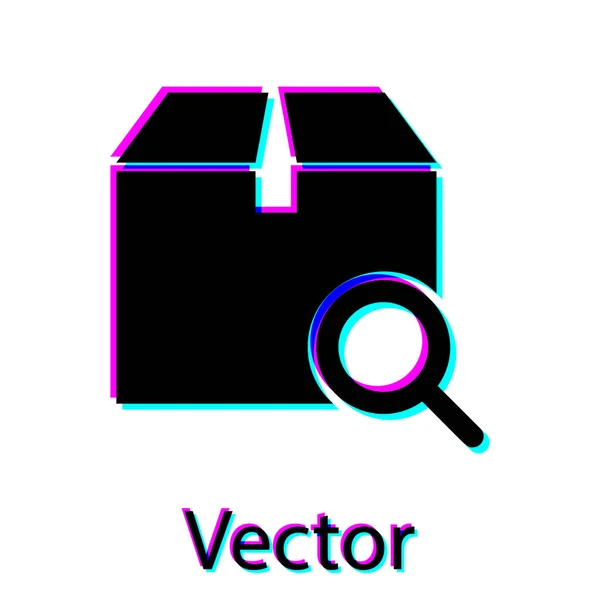 Icono de paquete de búsqueda negro aislado sobre fondo blanco. Símbolo de seguimiento de paquetes. Lupa y caja de cartón. Logística y entrega. Ilustración vectorial — Vector de stock