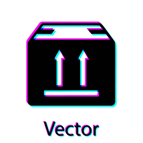 Schwarzer Karton mit Verkehrssymbolsymbol auf weißem Hintergrund. Box, Paket, Paketschild. Lieferung, Transport und Versand. Vektorillustration — Stockvektor