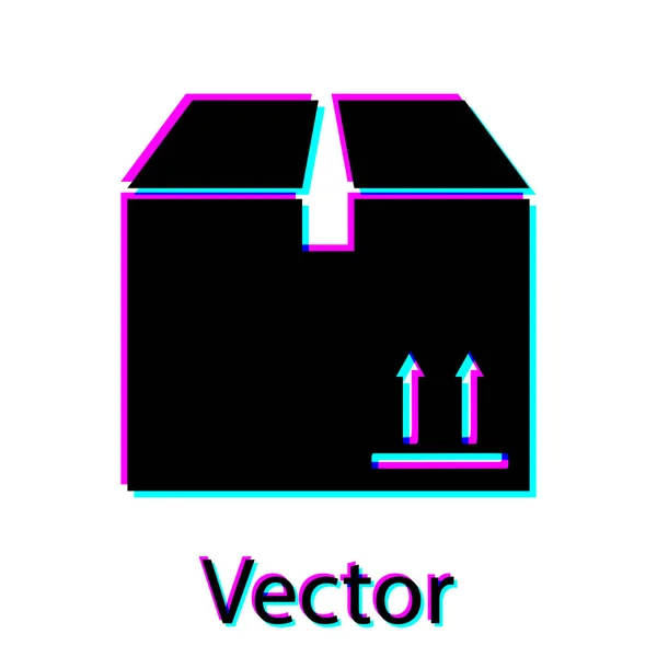 Schwarzer Karton mit Verkehrssymbolsymbol auf weißem Hintergrund. Box, Paket, Paketschild. Lieferung, Transport und Versand. Vektorillustration — Stockvektor