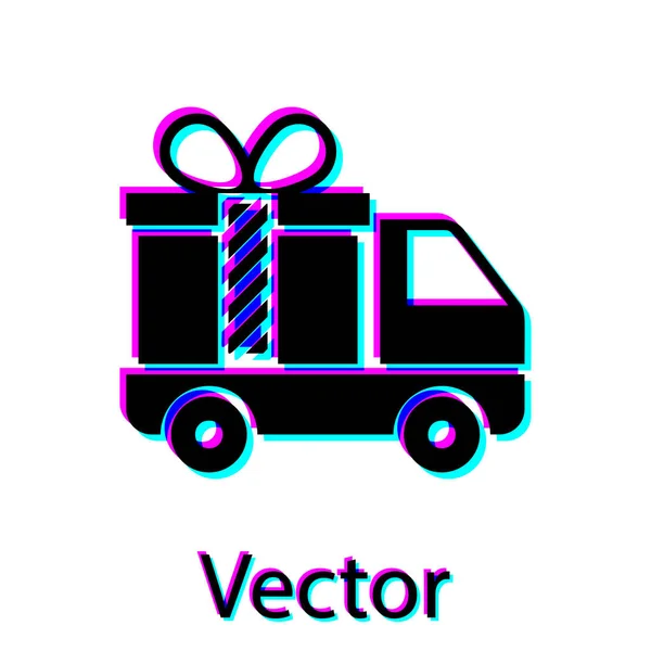 Schwarzer Lieferwagen mit Geschenksymbol isoliert auf weißem Hintergrund. Vektorillustration — Stockvektor