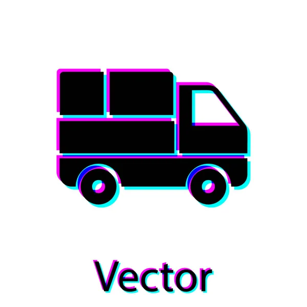 Black Delivery truck with cardboard boxes behind icon isolated on white background. Vector Illustration — Stock Vector