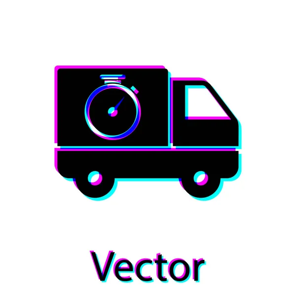 Black Logistics entrega caminhão e cronômetro ícone isolado no fundo branco. Ícone do prazo de entrega. Ilustração vetorial — Vetor de Stock