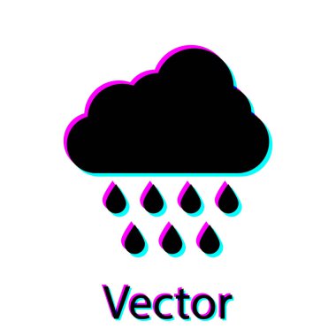 Beyaz arka planda izole edilmiş yağmur ikonu olan siyah bulut. Yağmur damlaları ile yağmur bulutu yağışı. Vektör İllüstrasyonu
