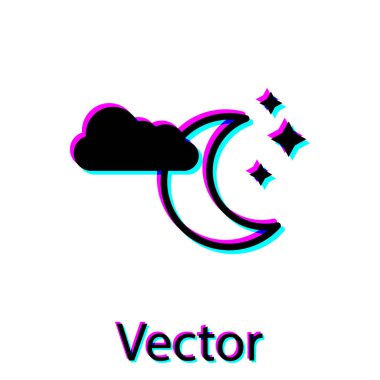 Beyaz arka planda yalıtılmış ay ve yıldız simgesine sahip Kara Bulut. Bulutlu gece işareti. Uyku rüyaları sembolü. Gece ya da yatak saati işareti. Vektör İllüstrasyonu