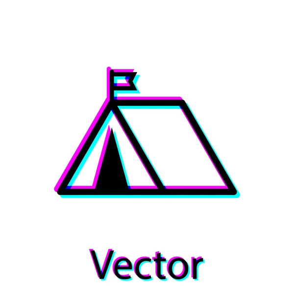 Zwarte toeristische tent met vlag icoon geïsoleerd op witte achtergrond. Camping symbool. Vector illustratie — Stockvector