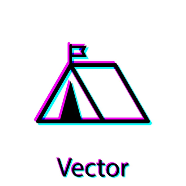 Tenda turistica nera con icona della bandiera isolata su sfondo bianco. Simbolo campeggio. Illustrazione vettoriale — Vettoriale Stock