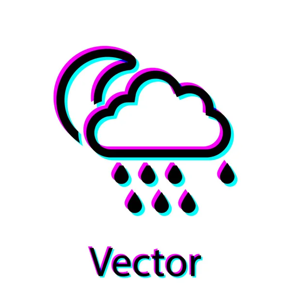 Nuage noir avec icône pluie et lune isolé sur fond blanc. Précipitation de nuages de pluie avec gouttes de pluie. Illustration vectorielle — Image vectorielle