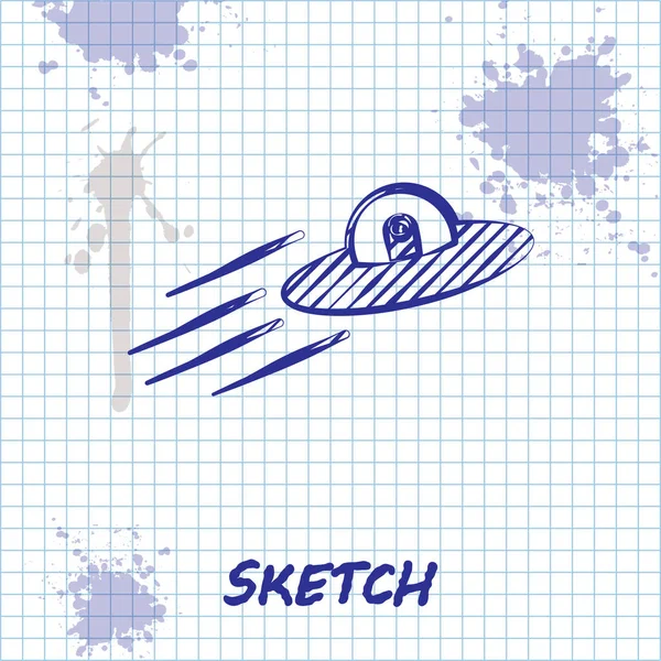 Sketch line Ufo uçan uzay gemisi ve yabancı simgesi beyaz arka plan üzerinde izole. Uçan. Uzaylı uzay gemisi. Fütüristik bilinmeyen uçan nesne. Vektör İllüstrasyonu — Stok Vektör