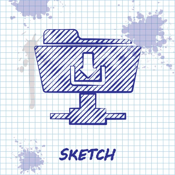 Sketch line ícone de download pasta FTP isolado no fundo branco. Atualização de software, protocolo de transferência, roteador, gerenciamento de ferramentas de trabalho em equipe, processo de cópia. Ilustração vetorial — Vetor de Stock