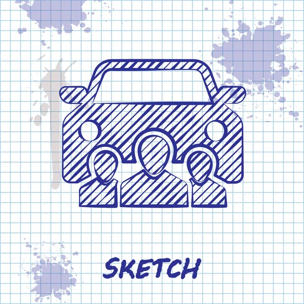 Sketch line Partage de voiture avec un groupe de personnes icône isolée sur fond blanc. Panneau d'autopartage. Transport location concept de service. Illustration vectorielle — Image vectorielle