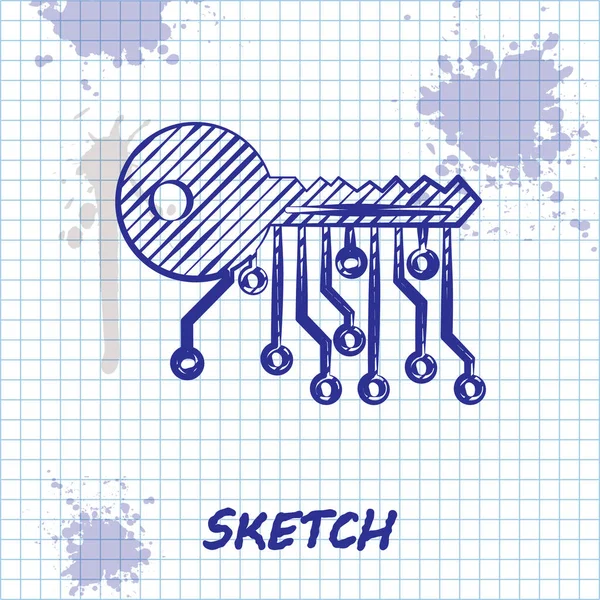 Sketch line Cryptogeld sleutel pictogram geïsoleerd op witte achtergrond. Concept van Cyber Security of private key, digitale sleutel met technologie-interface. Vector illustratie — Stockvector