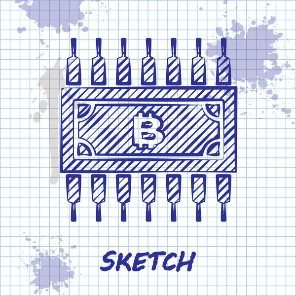 Schets line Cryptogeld bitcoin in cirkel met microchip circuit icoon geïsoleerd op witte achtergrond. Blockchain-technologie, digitale geldmarkt. Vector illustratie — Stockvector