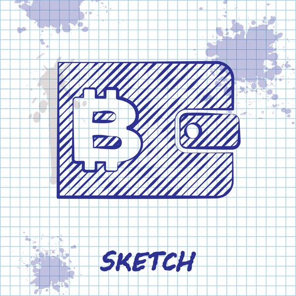 Sketch line Cryptogeld portemonnee pictogram geïsoleerd op witte achtergrond. Portemonnee en bitcoin teken. Mining concept. Geld, betaling, contant, betaal icoon. Vector illustratie — Stockvector