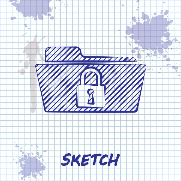 Sketch line Folder e ícone de bloqueio isolado no fundo branco. Pasta fechada e cadeado. Segurança, segurança, proteção conceito. Ilustração vetorial —  Vetores de Stock