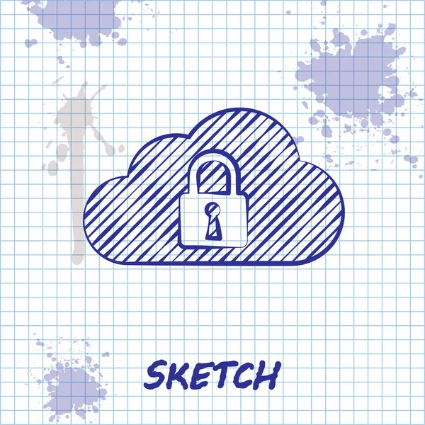 Skizze Linie Cloud Computing Lock-Symbol isoliert auf weißem Hintergrund. Sicherheit, Sicherheit, Schutzkonzept. Vektorillustration — Stockvektor