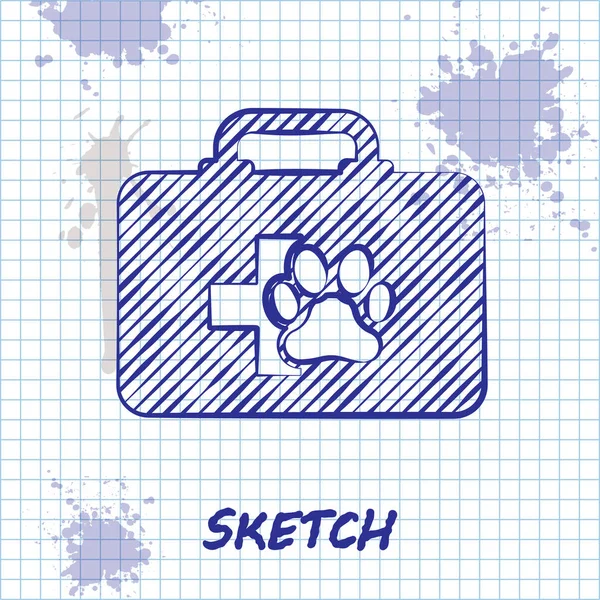 Sketch line Pet ícone kit de primeiros socorros isolado no fundo branco. Impressão de pata de cão ou gato. Caixa da clínica. Ilustração vetorial —  Vetores de Stock