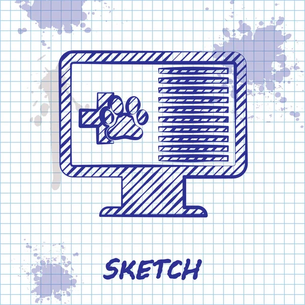 Skiss linje medicinska kliniska rekord husdjur på bildskärmsikonen isolerad på vit bakgrund. Sjukförsäkrings formuläret. Recept, Medical check Marks Report. Vektor illustration — Stock vektor