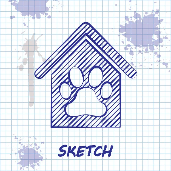 Sketch line Dog house and paw print pet icon isolated on white background. Dog kennel. Vector Illustration — Stock Vector