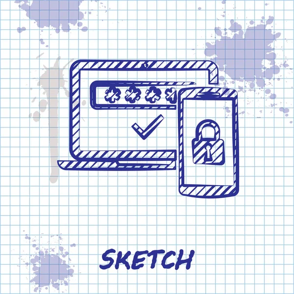 Sketch line Multi factor, icône d'authentification en deux étapes isolée sur fond blanc. Illustration vectorielle — Image vectorielle