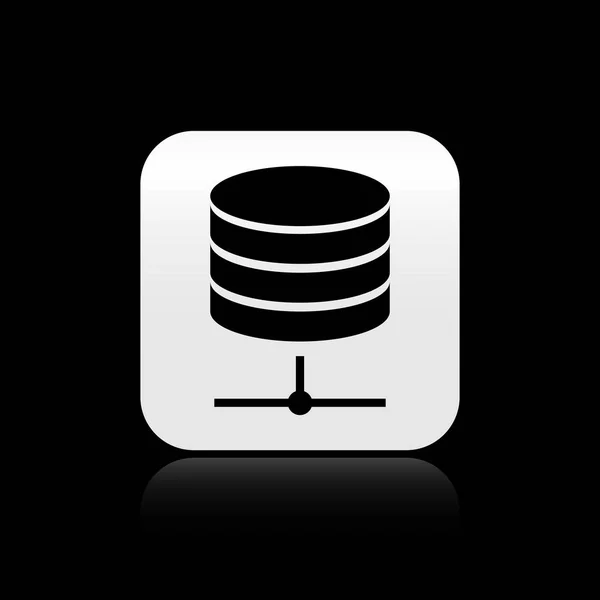 Schwarzer Server, Daten, Webhosting-Symbol isoliert auf schwarzem Hintergrund. Silberner quadratischer Knopf. Vektorillustration — Stockvektor