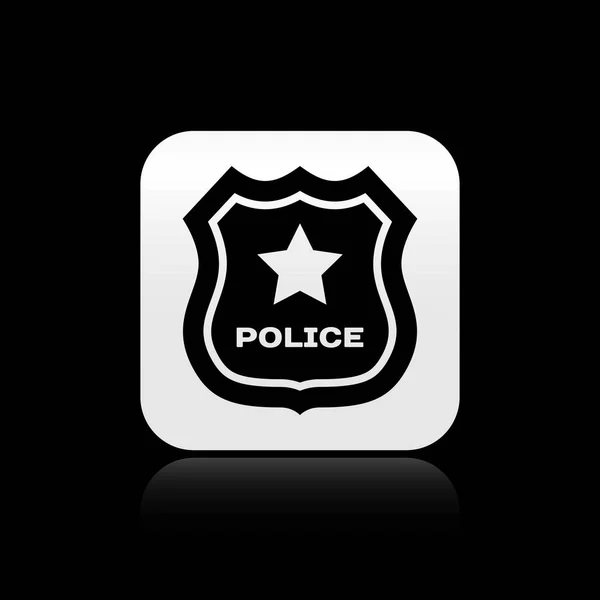 Icono de insignia de policía negra aislado sobre fondo negro. Insignia del sheriff. Botón cuadrado plateado. Ilustración vectorial — Archivo Imágenes Vectoriales