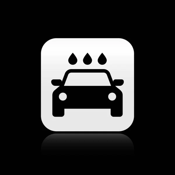 Icona di lavaggio auto nera isolata su sfondo nero. Servizio di autolavaggio e icona nuvola d'acqua. Pulsante quadrato argento. Illustrazione vettoriale — Vettoriale Stock