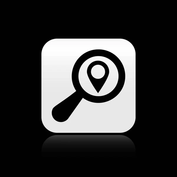 Black Search location icon isolated on black background. Magnifying glass with pointer sign. Silver square button. Vector Illustration — Stock Vector