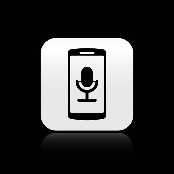 Black Mobile recording icon isolated on black background. Mobile phone with microphone. Voice recorder app smartphone interface. Silver square button. Vector Illustration — Stock Vector