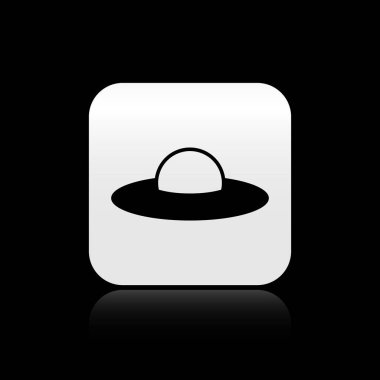 Siyah arka plan üzerinde izole siyah Ufo uçan uzay gemisi simgesi. Uçan. Uzaylı uzay gemisi. Fütüristik bilinmeyen uçan nesne. Gümüş kare düğme. Vektör İllüstrasyonu