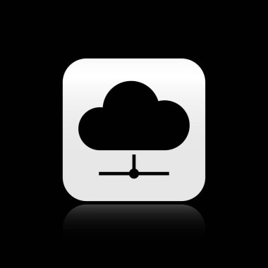 Siyah Ağ bulut bağlantısı simgesi siyah arkaplanda izole edildi. Sosyal teknoloji. Bulut hesaplama konsepti. Gümüş kare düğme. Vektör İllüstrasyonu